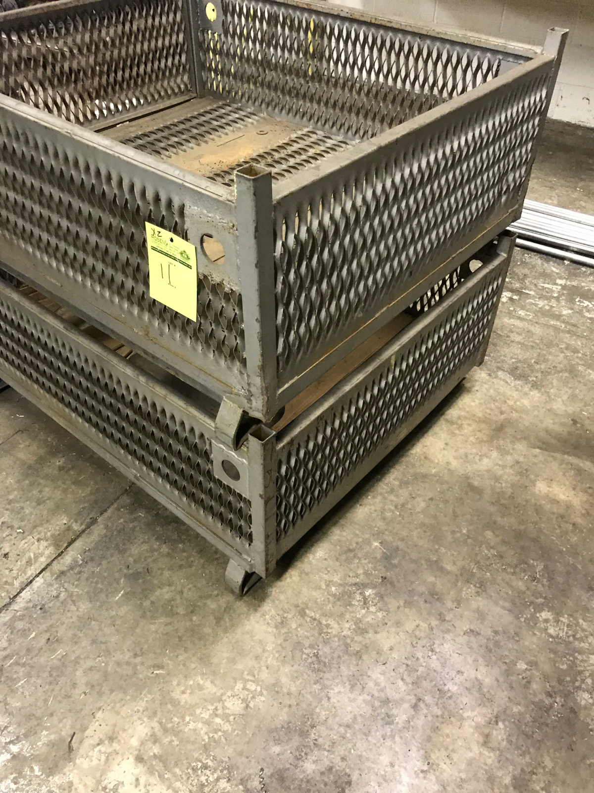 2 metal storage crates, stackable, heavy duty construction, measures 40
