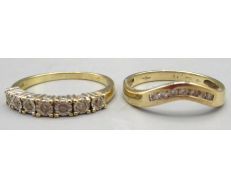 9ct yellow gold ring set with row of brilliant cut diamonds, stamped 375, K1/2, and another similar, size J1/2, 3.1g 