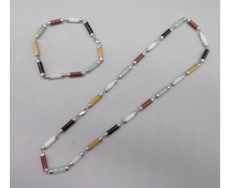 14ct white gold necklace and bracelet set with polished barrel shaped jade links, L45cm and a matching bracelet, L21cm, both 