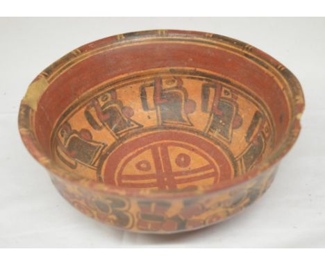 Mayan polychrome terracotta bowl, Honduras-El Salvador 500-800AD, attractively painted, has been cracked and repaired, some c