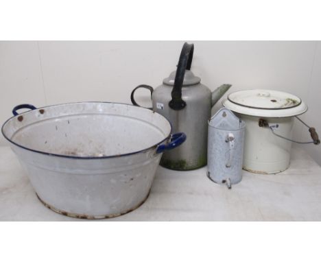 Lage aluminium tea urn, H50cm; enamel bath, W72cm; other enamel ware and a cabin trunk (5) 