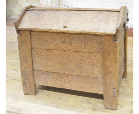 Early oak Ark clamp front coffer, hinged angular arched top lid with scratch carved stylized tree decoration, W98cm D65cm H84