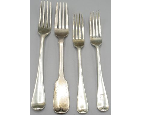 Georgian silver table fork with coat of arms by Richard Crossley, London, 1786, Edwardian silver dessert fork by Josiah Willi