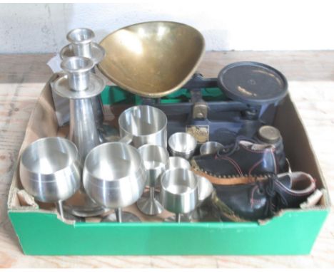 Collection of Singapore pewter incl. goblets, candlesticks, napkin rings etc. a set of kitchen scales with weights, six EPNS 