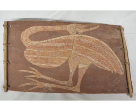 Australian Aboriginal bark painting by Yuwunyuwun titled Bush Turkey from the region of Liverpool River, Arnhem Land. W48xH28