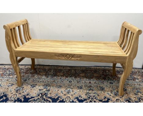 Carved wood bench with central floral motif, 106 x 64 x 36cm 