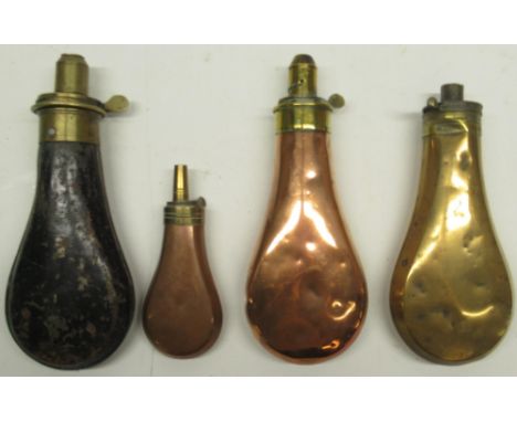 Sykes Patent brass and japanned steel powder flask, two other Sykes Patent powder flasks and one smaller 