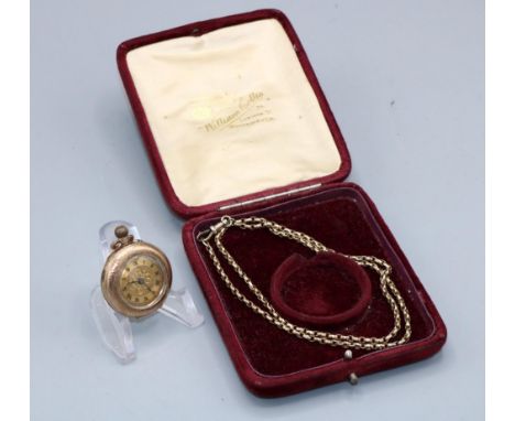 Swiss ladies 9ct gold keyless pin set fob watch, two tone gold coloured bright cut dial with Roman chapter ring, floral brigh