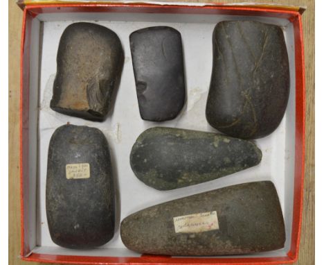 Five neolithic stone hand axe heads, largest L14cm (Victor Brox collection) 