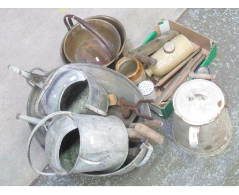 Various vintage kitchenalia and garden items, incl. a bird scarer, two watering cans, enamel jug, two jam pans, wooden butter