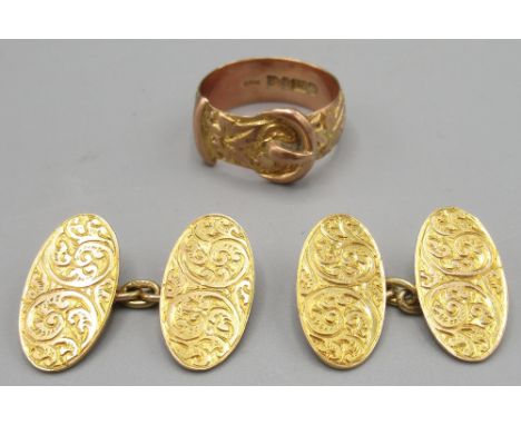 Pair of 9ct yellow gold cufflinks with engraved foliage detail, and a Victorian 9ct rose gold ring in the shape of a belt and