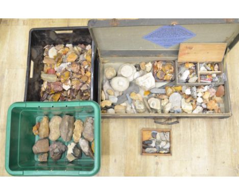 Collection of flint and stone tools including axe heads from Dorset, corn grinders, arrow heads, microliths and unworked flin