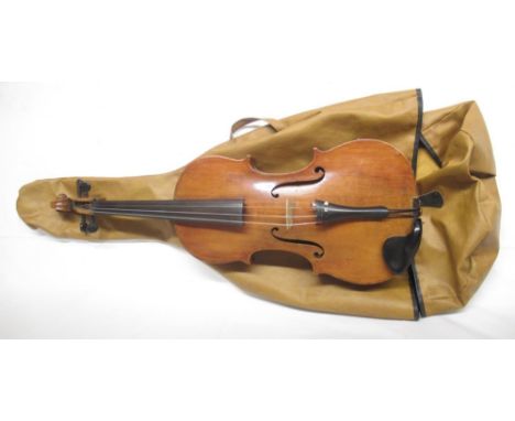 Unnamed Viola with Panpi fitted bridge and a brown carry bag (lacking bow in need of attention), and a unnamed violin with bo