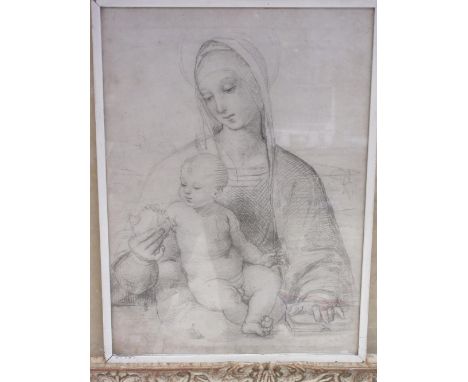 After Raphael 'Madonna with Pomegranate' monochrome print and a similar head and shoulder portrait of a lady, 40cm x 29cm max