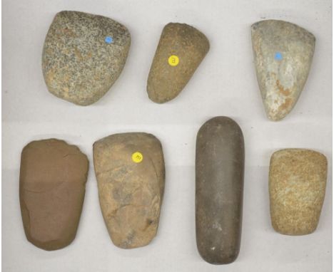 Seven neolithic stone hand axe heads, largest L11.5cm (Victor Brox collection) 