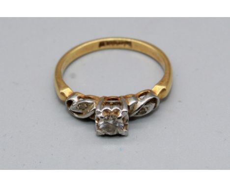 18ct yellow and white gold solitaire ring single diamond set in square illusion mount on ornate shoulders, size M1/2, 3.0g 