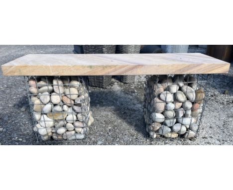 Garden bench with stone top and gabion cage stone filled supports, L110cm 