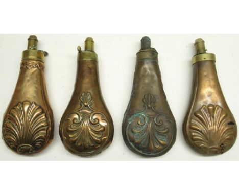 G. &amp; J.W. Hawksley 19th century copper and brass embossed powder flask, decorated with shell motif, 19.5cm and three simi