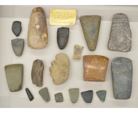 Collection of neolithic stone and flint axe heads and other hand tools, largest L11.5cm (Victor Brox collection) 