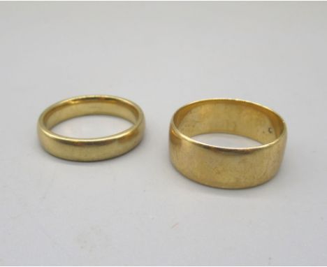 9ct yellow gold band ring with star set diamond, size R, and another 9ct gold band ring, size P, both stamped 375, 9.3g 