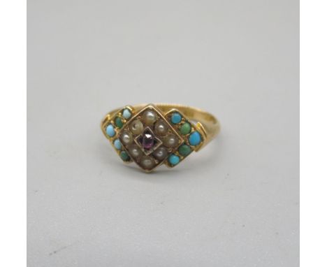 Victorian 15ct yellow gold turquoise and seed pearl ring set with central ruby, stamped 15, 2.0g 