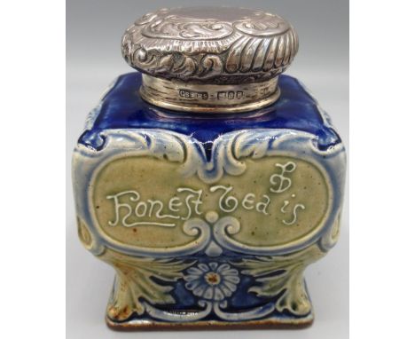 Doulton Lambeth silver mounted stoneware tea caddy, by John Broad and assisted by Emma A Burrows 1896, decorated in relief wi