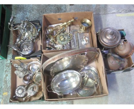 Large collection of metalware, incl. a large brass Durham Sanctuary style door knocker, silver plate, candlesticks, copperwar