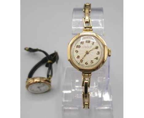Ladies Texa 9ct gold wristwatch on rolled gold expanding bracelet, signed silvered engine turned Arabic dial, applied gold to