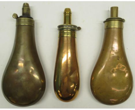 James Dixon &amp; Sons Sheffield Improved Patent copper and brass powder flask, 17.5cm and two other James Dixon &amp; Sons p