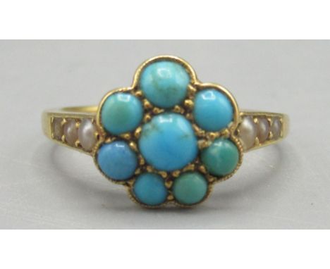 Victorian yellow metal cluster ring with turquoise and seed pearls, unmarked, size N1/2, 2.6g 