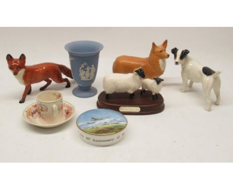 Beswick Black Faced Sheep and Lamb mounted on oval wooden base; Beswick Fox no. 1016A, H13cm; Beswick Corgi no. 1299B, H14cm;