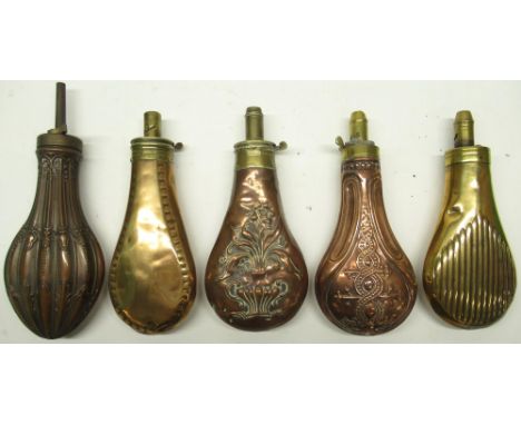 Sykes Patent 19th century copper and brass embossed powder flask, 19cm; another Patent embossed copper and brass powder flask