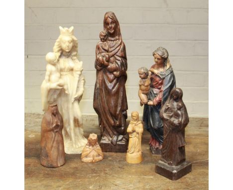 Collection of religious wooden, polychrome and stone carvings, of varying ages and styles. To include three wooden and one st