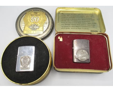 Two Zippo commemorative lighters: Harley-Davidson 'The Reunion 90 Years 1903-1993'; and '60th Anniversary 1932-1992' - both w