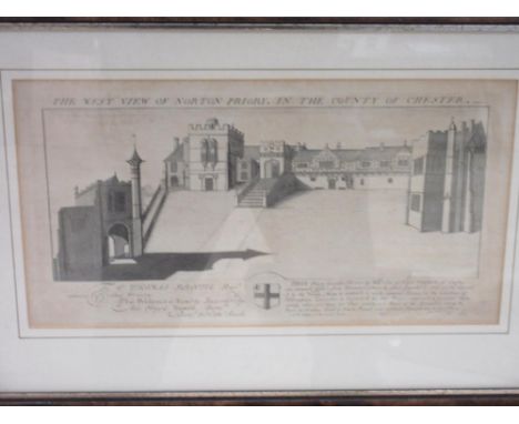 'The West View of Norton Priory in The County of Chester' monochrome print, N.B delin. S.B Sculp. 1727, 20cm x 38cm (Victor B