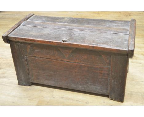 18th century oak clamp front coffer with hinged top and shaped frieze, W115cm D58cm H58cm (Victor Brox collection)