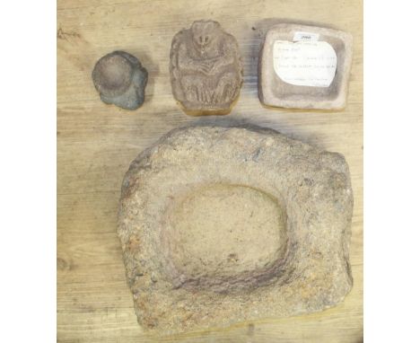 Circa 3/4th century stone mixing bowl 14x12x7cm, a small stone trough and two card stone figures of later date. (4) (Victor B