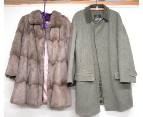 Grey brown fur coat labelled Thornton Varley Ltd Hull, and a 'Grenfell' Derby tweed  overcoat (2) 