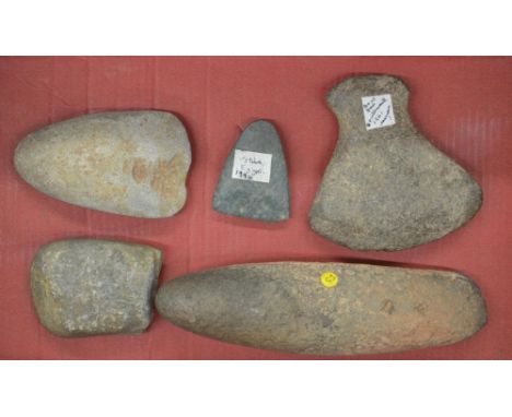 Five neolithic stone hand axe heads, largest L16cm (Victor Brox collection) 