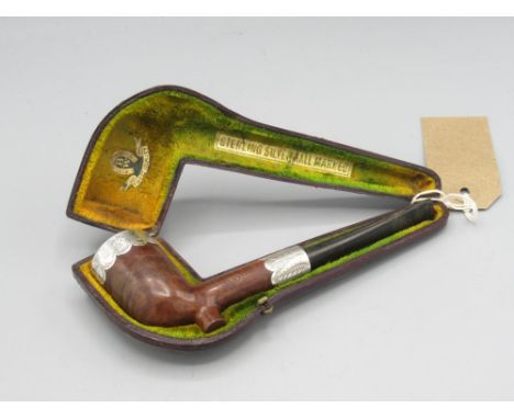 Cased 19th century smoking pipe by Ben Wade, silver mounts, Chester, date mark rubbed, L18cm 