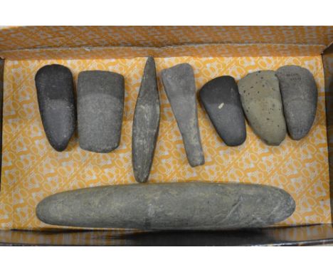 Eight neolithic stone hand axe heads, largest L24.5cm (Victor Brox collection) 