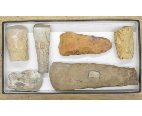 Six neolithic stone and flint hand axe heads, largest L22cm (Victor Brox collection) 