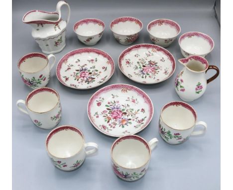 Collection of famille rose palette English and Chinese porcelain teaware, some probably Caughley (qty) 