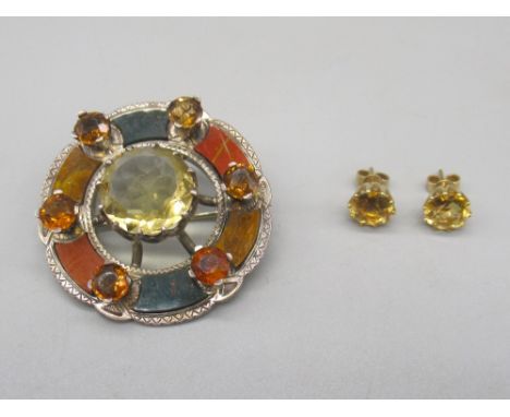 Hallmarked sterling silver brooch set with citrine and polished stone, including blood stone, marks worn but possibly by Jose