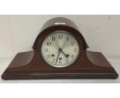 1930's mahogany mantel clock, silvered Arabic dial, three train Westminster chiming movement no.92444, key and pendulum, H24c