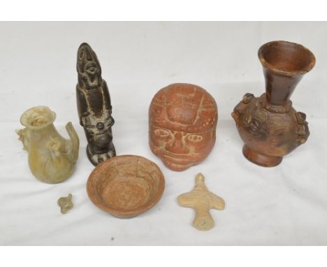 Collection of ceramic and glass items, some ancient from various civilisations including a small Indonesian earthenware jug w