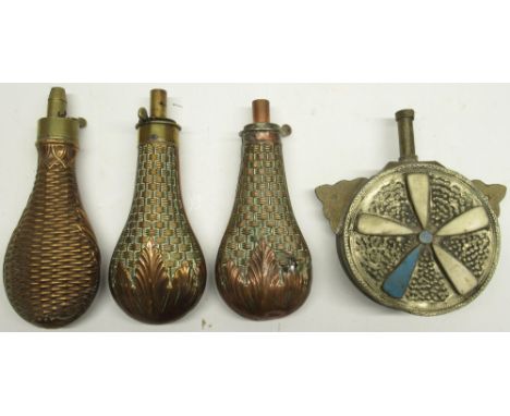 Two James Dixon &amp; sons Sheffield 19th century copper and brass embossed powder flasks, decorated with basket weave and le