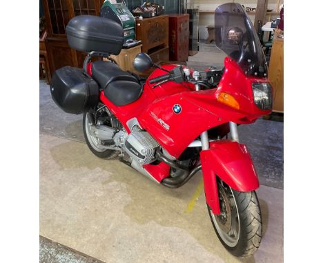 BMW R1100RS sport-touring motorcycle in red, 1995 model, 1100cc engine, mileage 38148, equipped with side satchels and back b