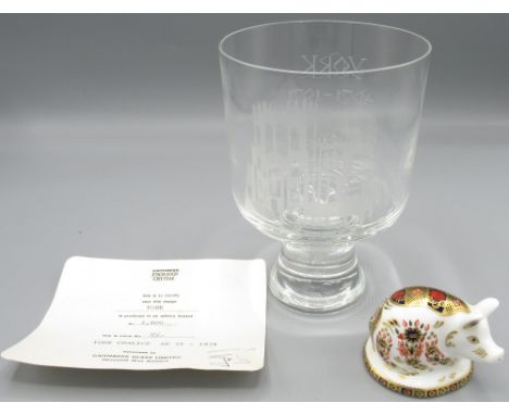 Royal Crown Derby piglet paperweight, silver stopper, H5cm, and a Caithness engraved crystal York chalice 