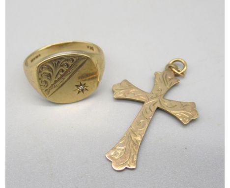 9ct gold signet ring set sing half engraved design and single diamond, and a 9ct gold cross pendant with engraved foliage det